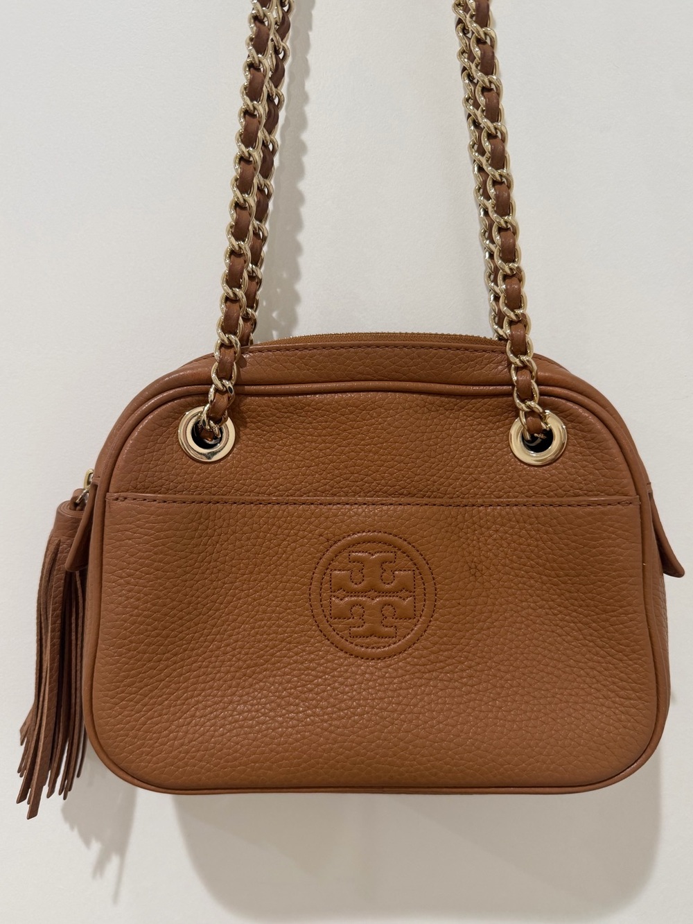 Tory Burch Tan Pebbled Leather Shoulder Bag with Gold Chain